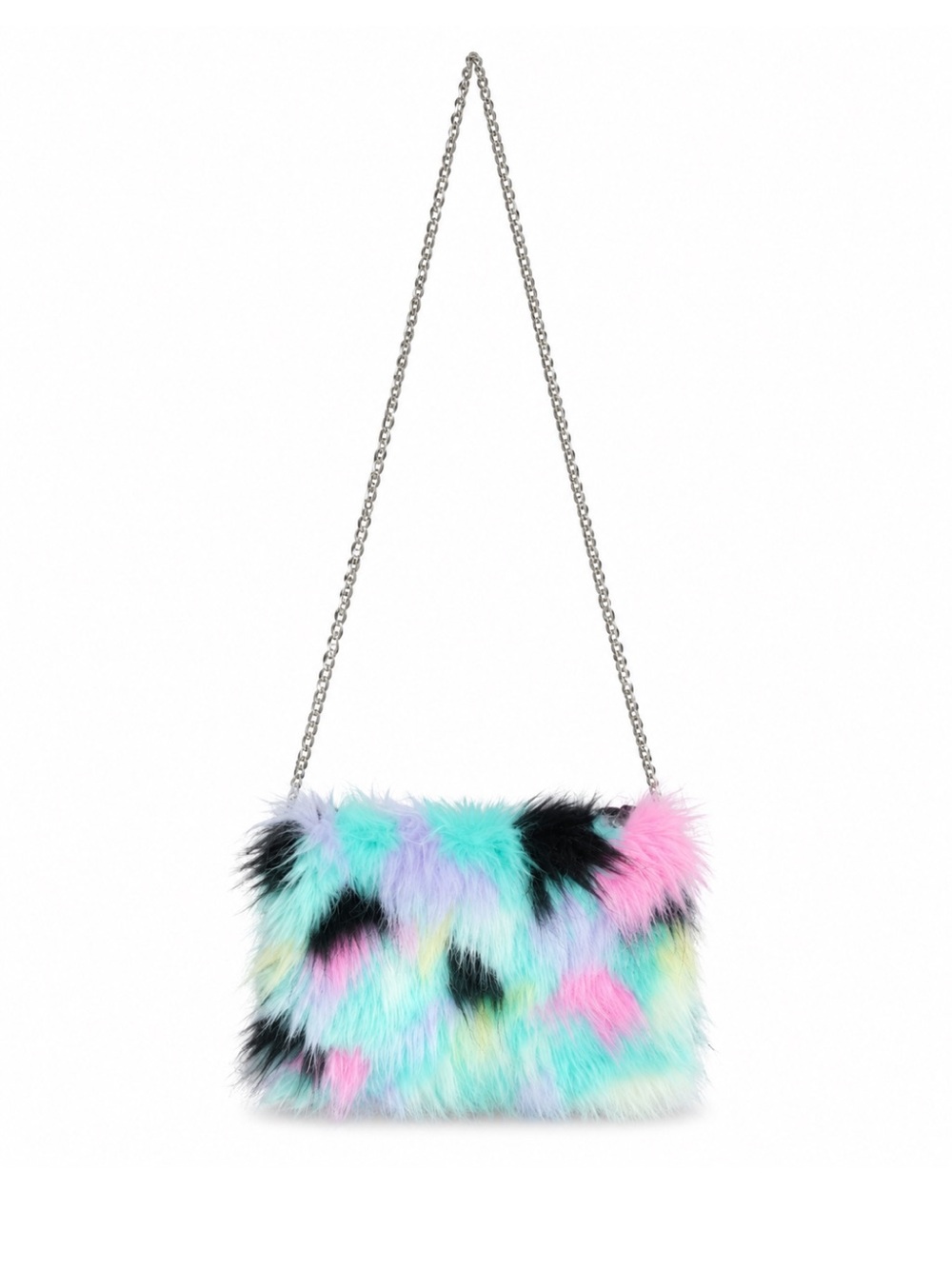 Multicolor Pastel Faux Fur & Sequin Crossbody with Silver Chain – Like New